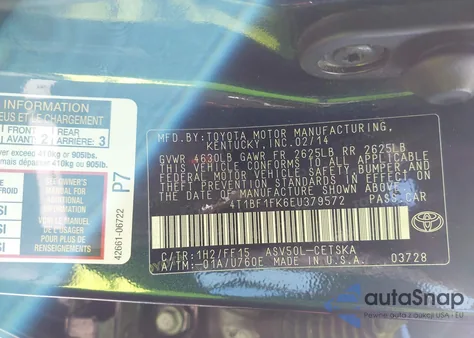 2014 Toyota Camry Se из США, поврежденный, VIN 4T1BF1FK6EU379572